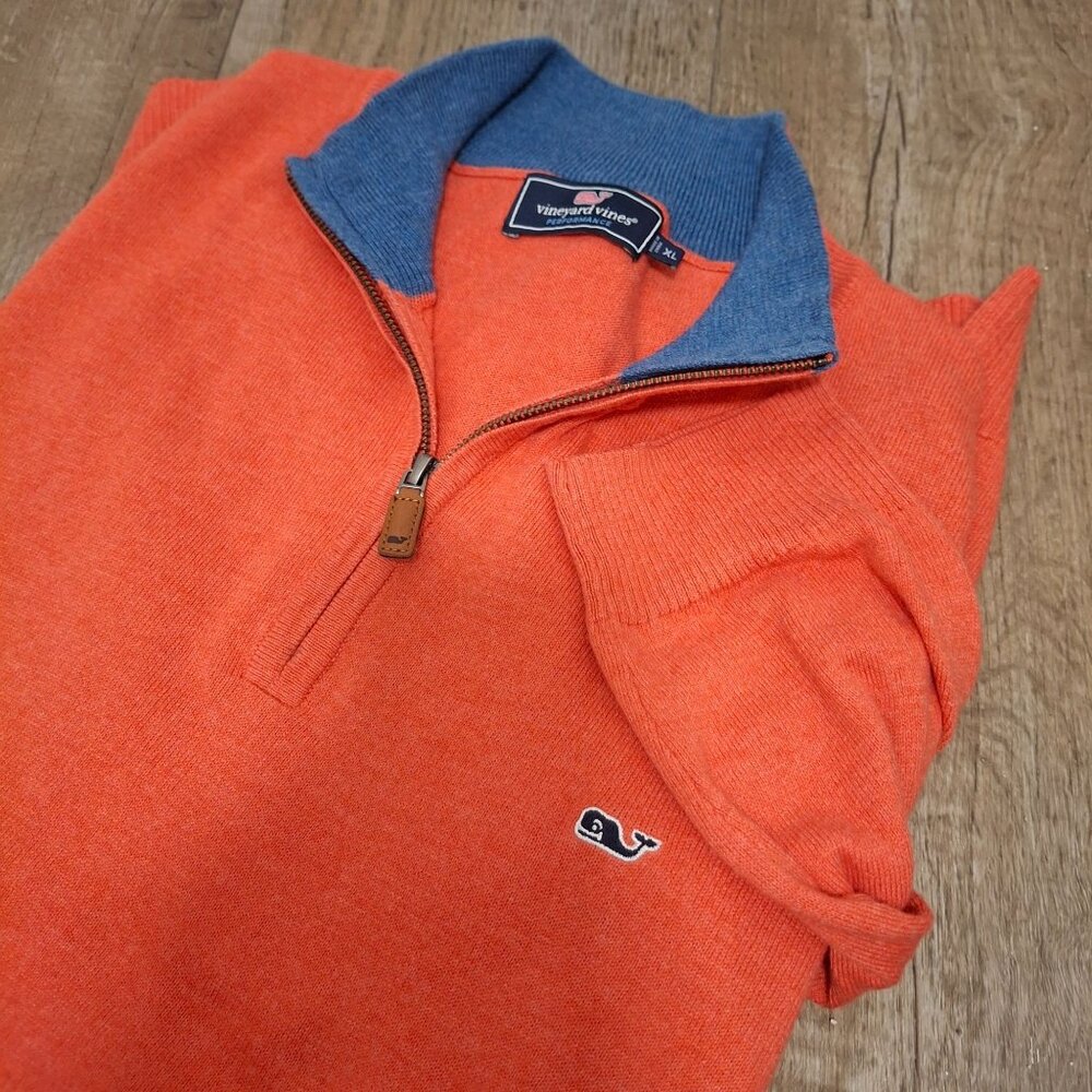 Vineyard Vines Mens XL Orange & Blue Quarter-Zip Performance Sweater Fall 2015